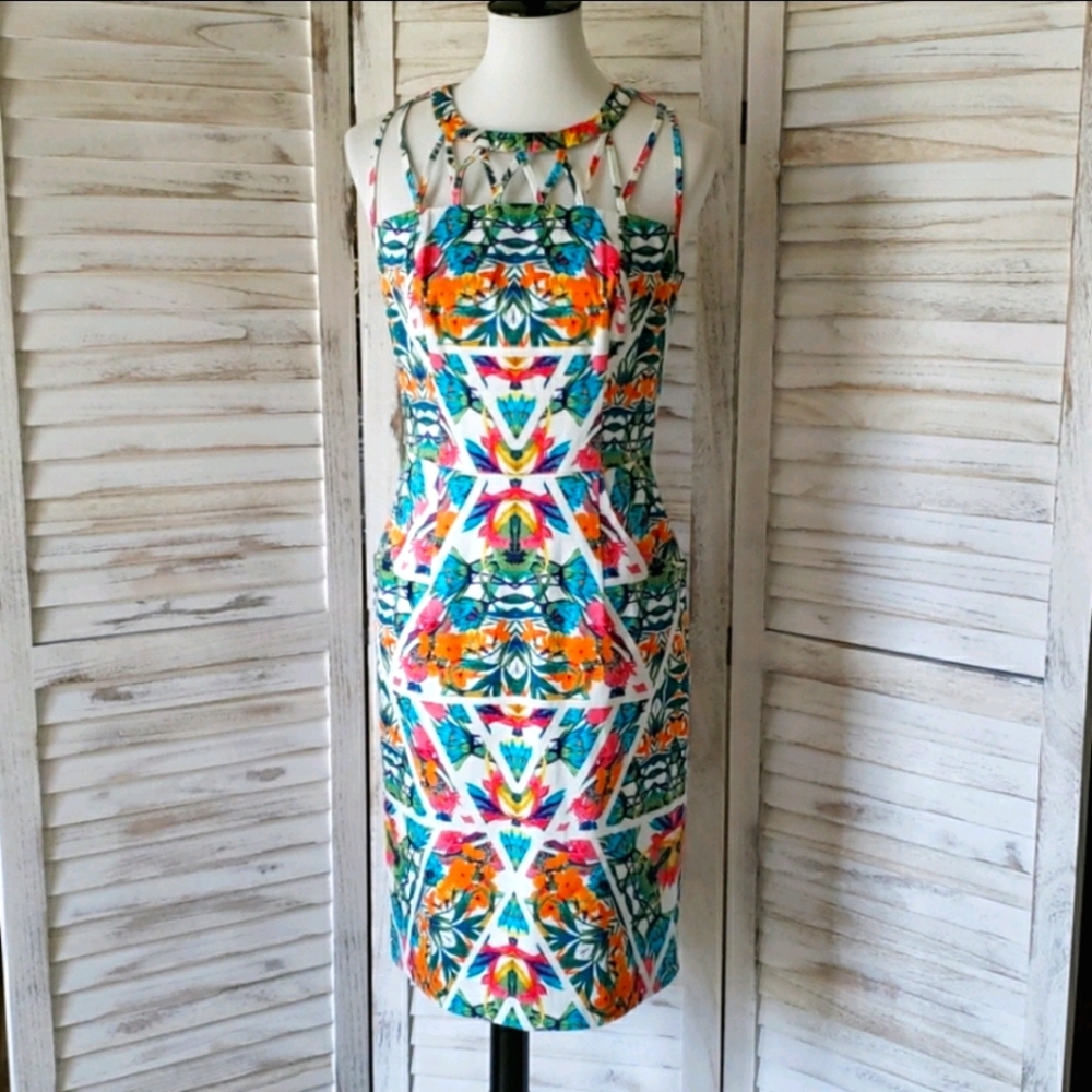 Adrianna Papell White Blue Sleeveless Sheath Dress